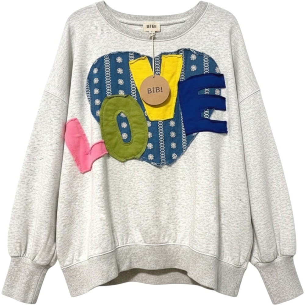 BiBi Pullover Sweatshirt Gray Artsy Love Boho Patchwork Graphic Women S/M